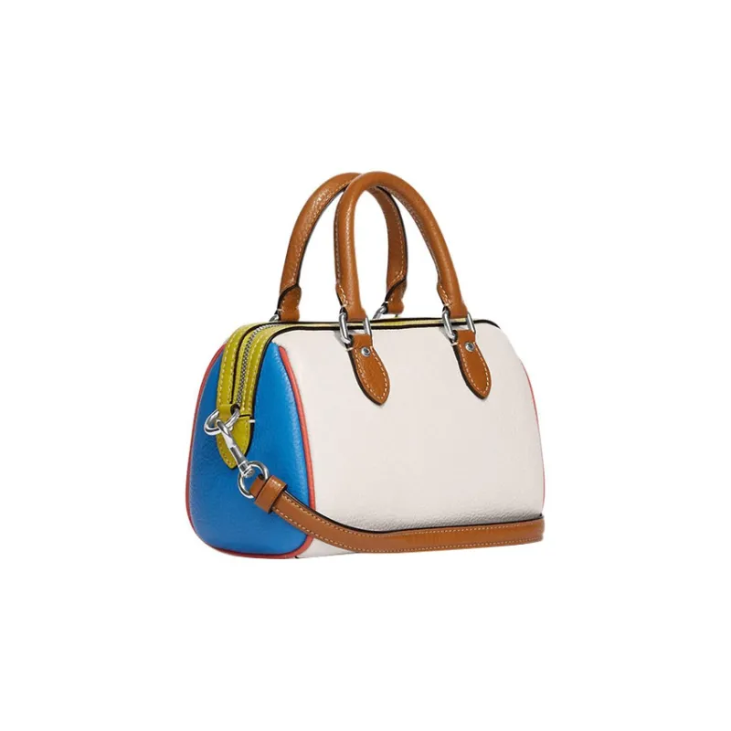 COACH Rowan Leather Boston Bag Shoulder Bag Crossbody Bag Handbag Small Size Women's White & Blue-1