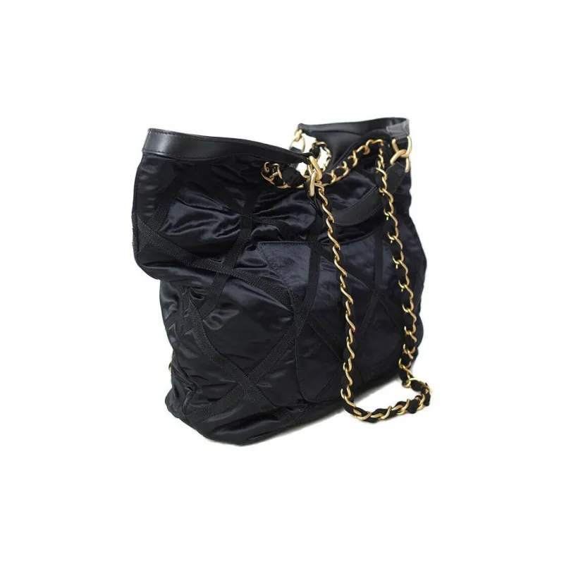 CHANEL Nylon Tote Bag, Shopping Bag, Handbag Medium Size Women's Black Gold-4