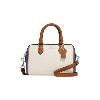 COACH Rowan Leather Boston Bag Shoulder Bag Crossbody Bag Handbag Small Size Women's White & Blue