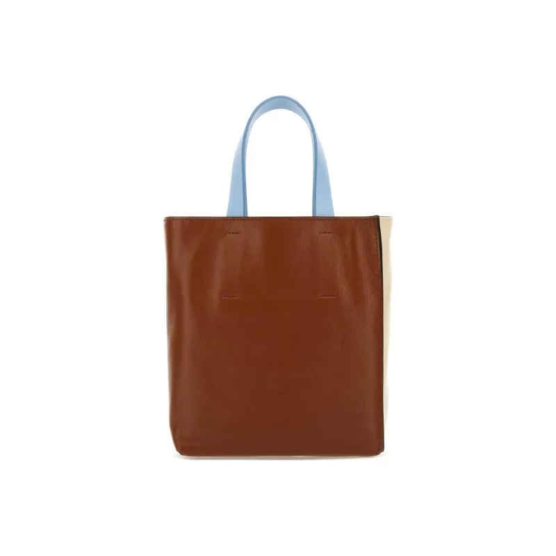 MARNI Museo Calfskin Tote Bag, Shopping Bag, Shoulder Bag, Crossbody Bag, Handbag Mini Women's Beige/Brown/Light Blue-2