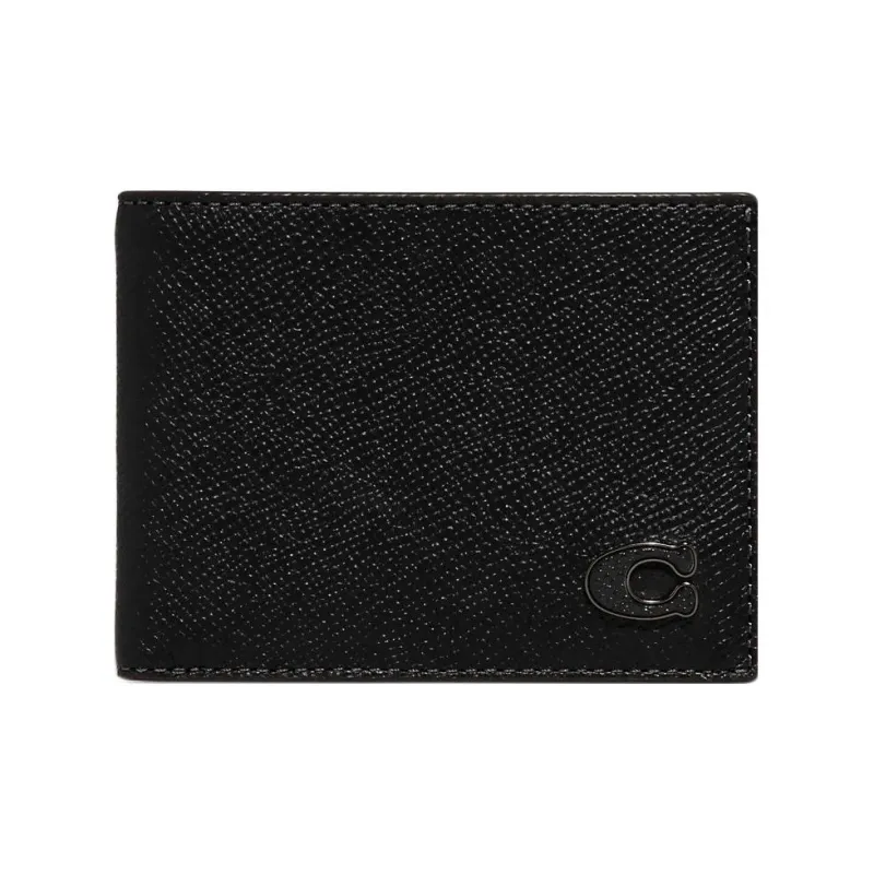 COACH Billfold Wallet Cross Grain Cow Leather Card Holder Wallet Men's Black-0