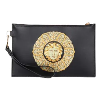 VERSACE Leather Wrist Bag Clutch Men's Black