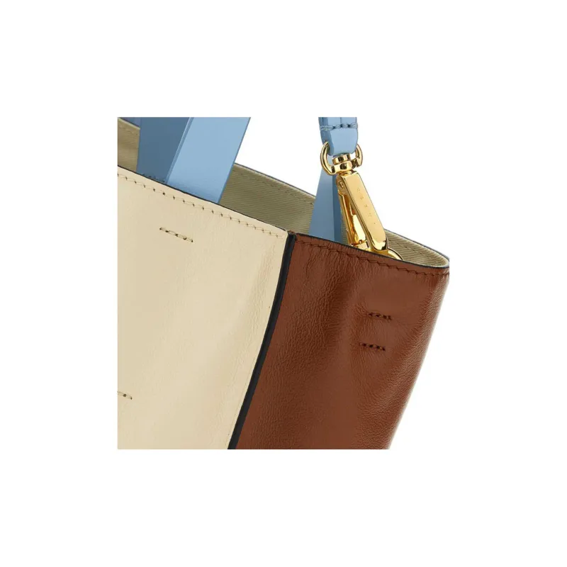 MARNI Museo Calfskin Tote Bag, Shopping Bag, Shoulder Bag, Crossbody Bag, Handbag Mini Women's Beige/Brown/Light Blue-3