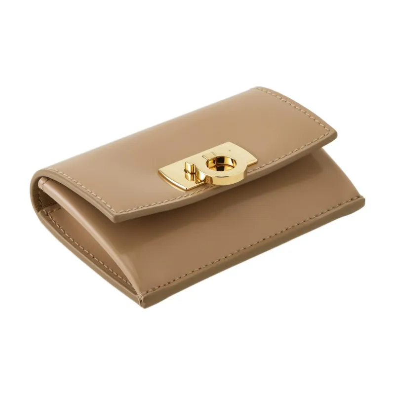 FERRAGAMO GANCINI Smooth Cow Leather Card Holder Women's Light Brown-2