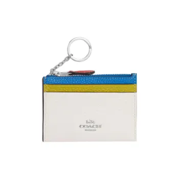 COACH Skinny Id Case Pebbled Leather Coin Purses Wallets Women's White & Turquoise