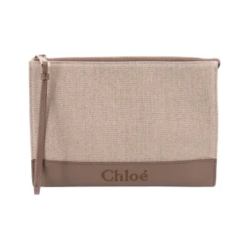 Chloe Linen With Shiny Calfskin Clutch Regular Women's Light Umber