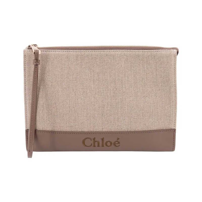 Chloe Linen With Shiny Calfskin Clutch Regular Women's Light Umber-0