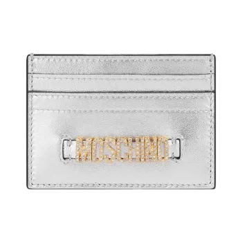 MOSCHINO Nappa Sheep Leather Card Clip Card Holder Women's Silver