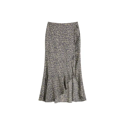 ELF SACK Casual Long Skirts Women's Gray Green Leopard