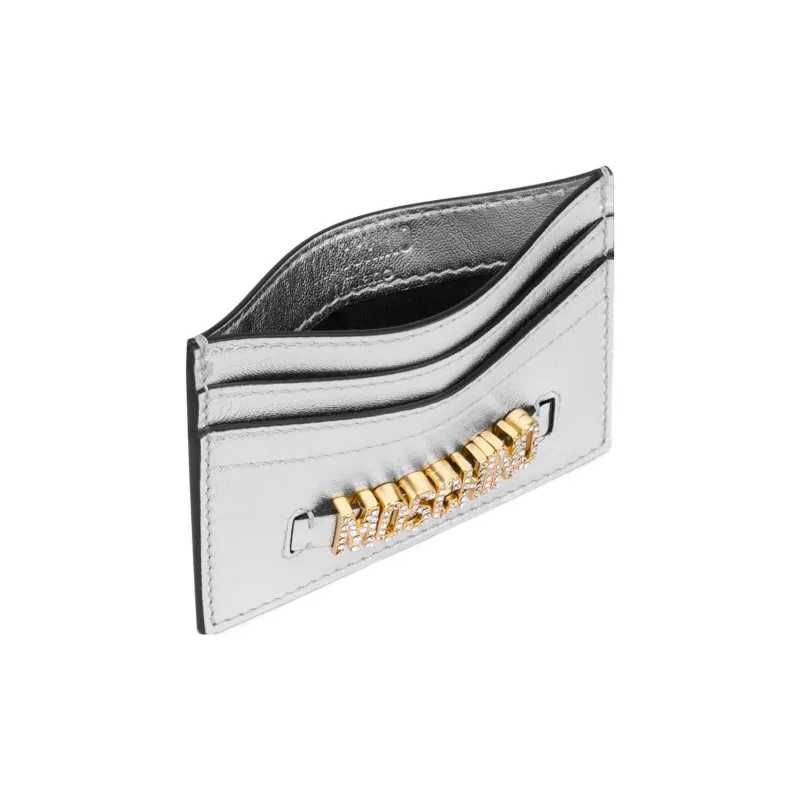 MOSCHINO Nappa Sheep Leather Card Clip Card Holder Women's Silver-2