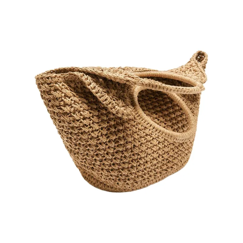 ZARA Mixed Fiber Handbag Large Size Women's Wheat Straw Color-3