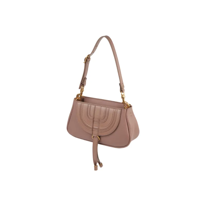 Chloe Marcie Grained Calfskin Patchwork Leather One Shoulder Handbags Small Size Women's Rose Pink-1
