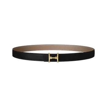 HERMES Iconic Mors H Gold Buckle Epsom Calfskin Double Sided Leather Belt Women's Black/Light Umber Width 2.4cm