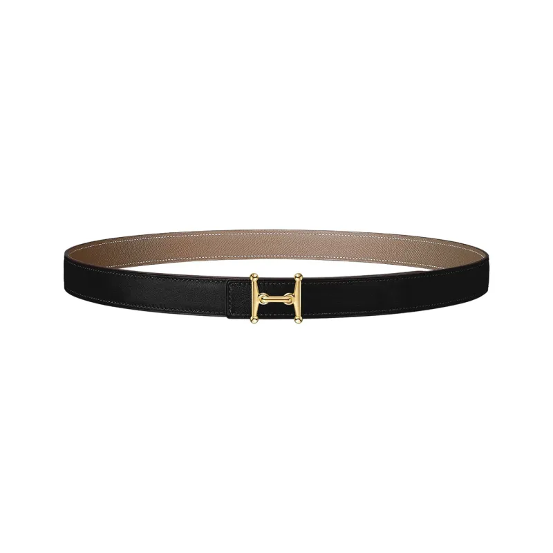 HERMES Mors Iconic Mors H Gold Buckle Epsom Calfskin Double Sided Leather Belt Women's Black/Light Umber Width 2.4cm-0