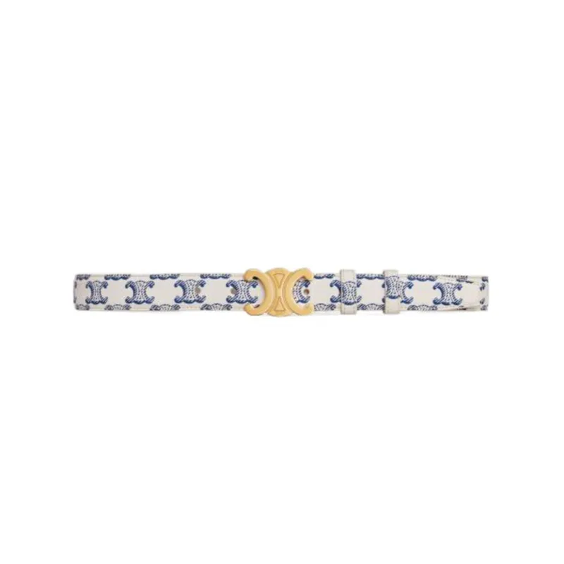 CELINE Patterned Print Smooth Buckle Leather Belts Women's White/Blue-1