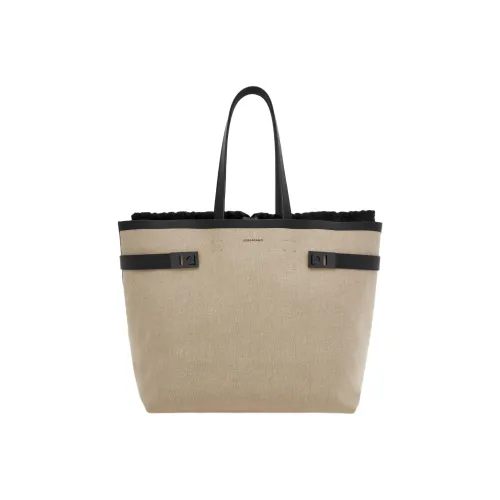FERRAGAMO GANCINI Fabric Cow Leather Patchwork Tote Bag Shopping Bag Handbag Large Size Men's Beige