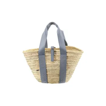 Chloe Raffia With Calfskin Basket Bag, One Shoulder Handbag Medium Size Women's Blue