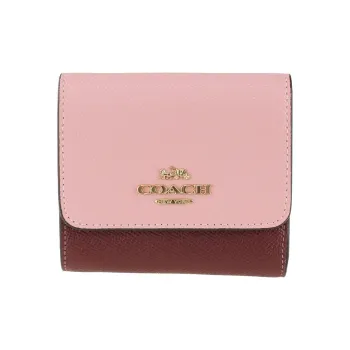 COACH Trifold Wallet Cross-Stitch Leather Card Holder Wallet Small Size Women's Pink & Burgundy