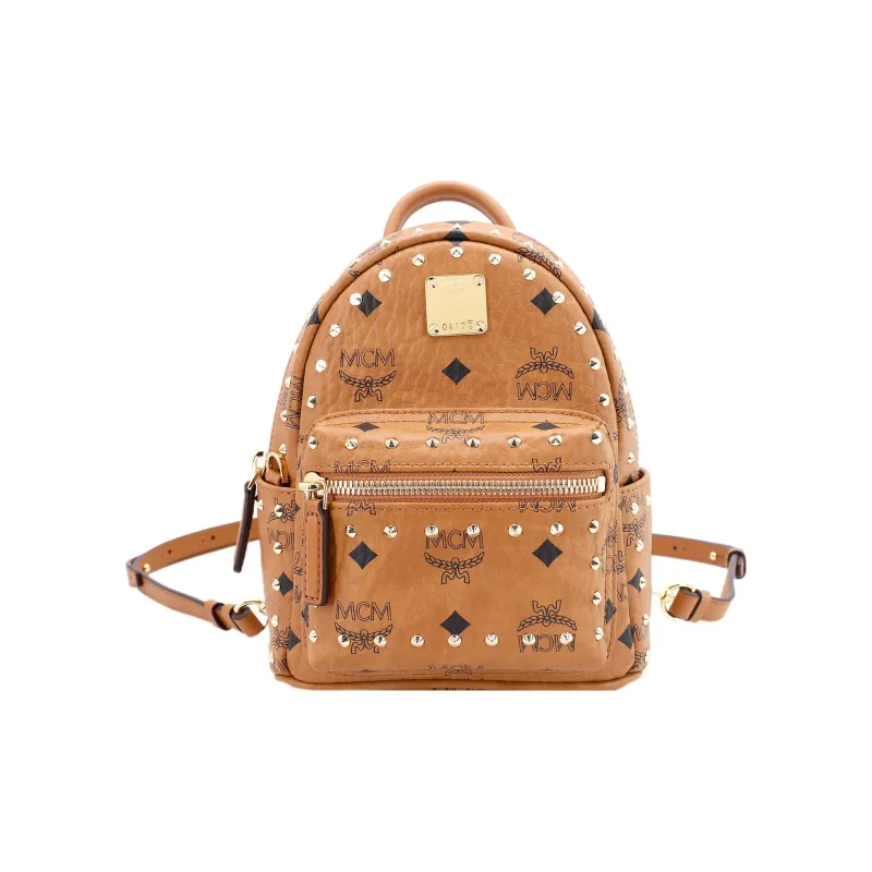 MCM Stark Visetos Leather Handbag, Backpack, Backpack Mini Unisex Brown Cognac-0
