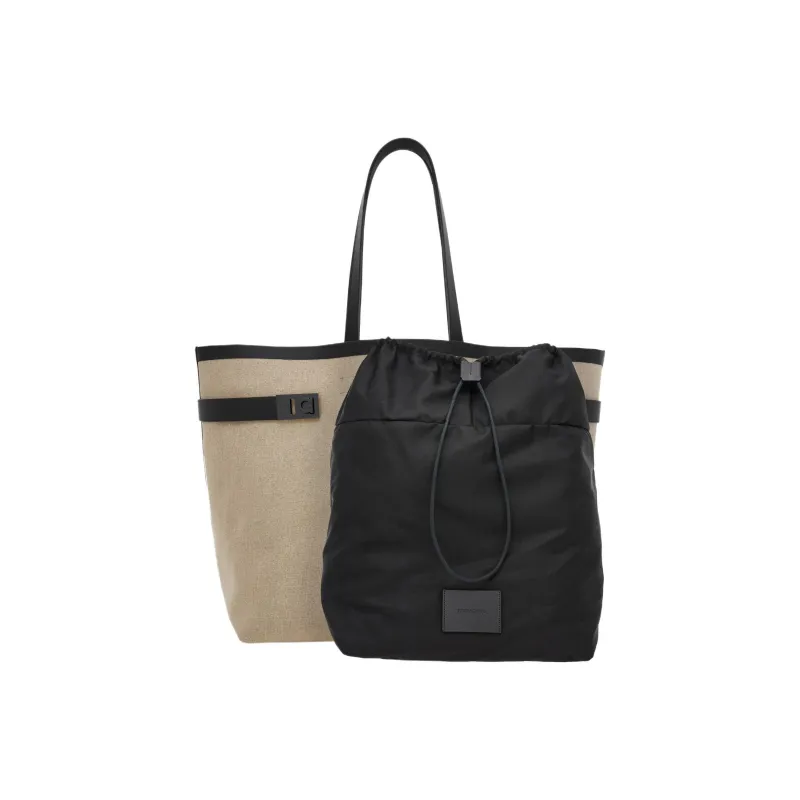 FERRAGAMO GANCINI Fabric Cow Leather Patchwork Tote Bag Shopping Bag Handbag Large Size Men's Beige-3