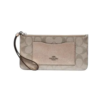 COACH Zip Top Wallet Cross-Stitch Leather With Coated Canvas Clutch Wrist Bag Wallet Small Size Women's Platinum Silver