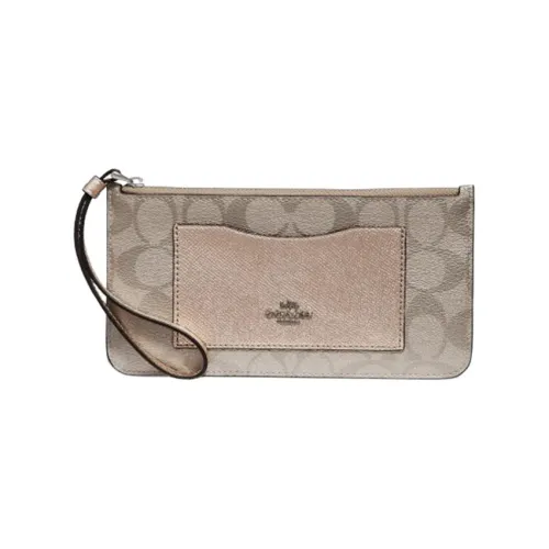COACH Zip Top Wallet Cross-Stitch Leather With Coated Canvas Clutch Wrist Bag Wallet Small Size Women's Platinum Silver