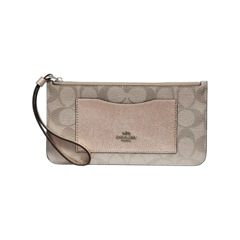 COACH Zip Top Wallet Cross-Stitch Leather With Coated Canvas Clutch Wrist Bag Wallet Small Size Women's Platinum Silver-0