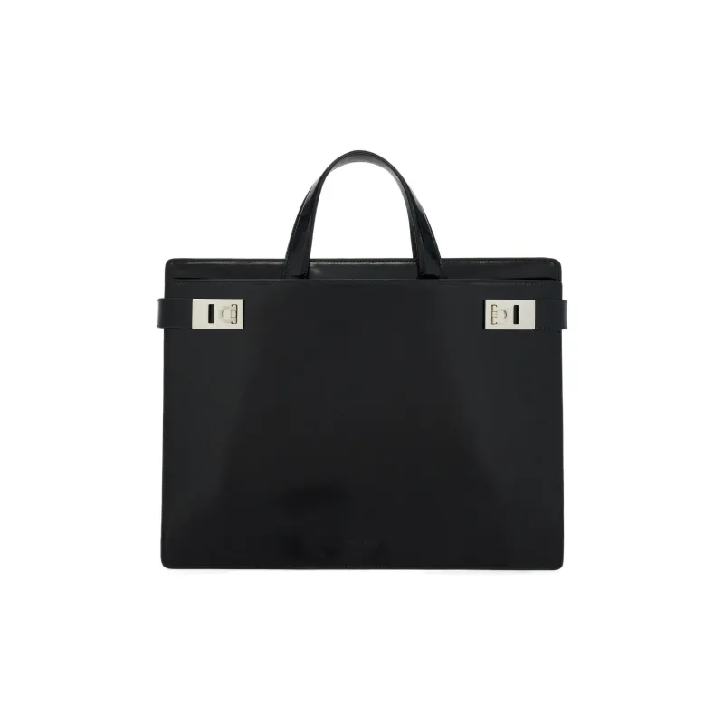FERRAGAMO GANCINI Smooth Cow Leather Portable Briefcases Men's Black-0