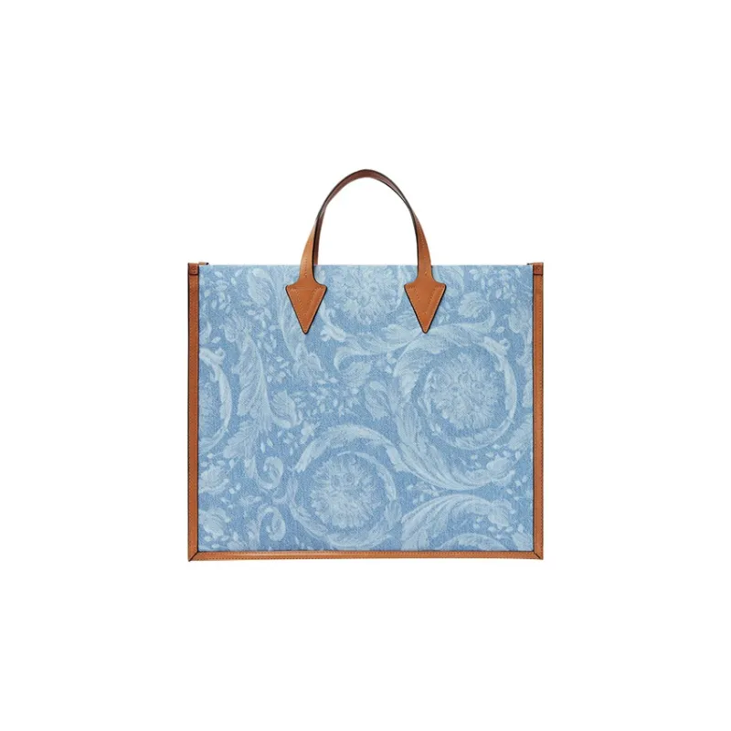 VERSACE Cotton With Cow Leather Tote Bag, Shopping Bag, Shoulder Bag, Crossbody Bag, Handbag Men's Light Blue-2