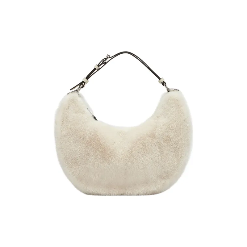 FENDI Fendigraphy Mink Fur Crescent Bag, Shoulder Bag, Handbag Trumpets Women's Beige-1