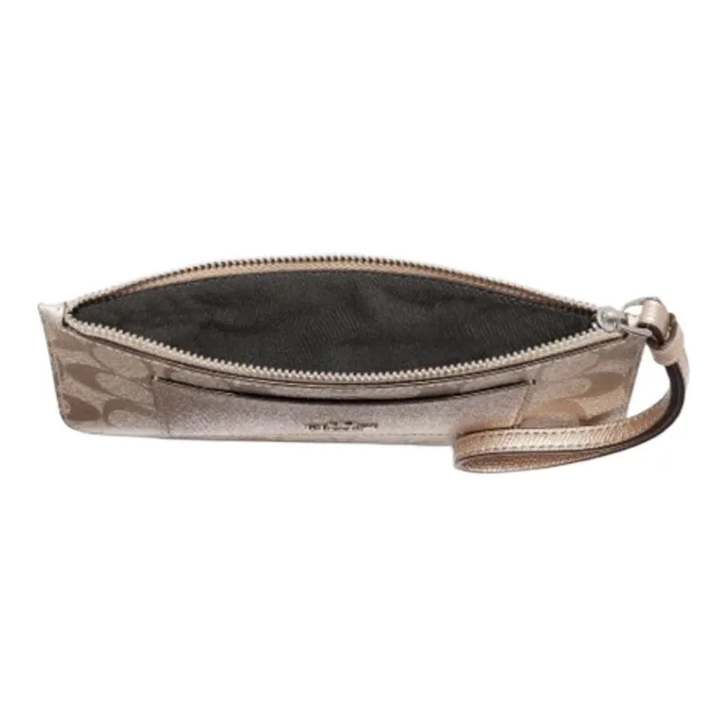 COACH Zip Top Wallet Cross-Stitch Leather With Coated Canvas Clutch Wrist Bag Wallet Small Size Women's Platinum Silver-1