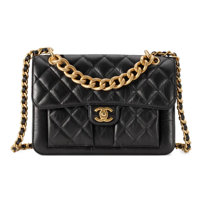 CHANEL Cow Leather Portable One Shoulder Crossbody Messenger Bag Tubas Women's Black-0