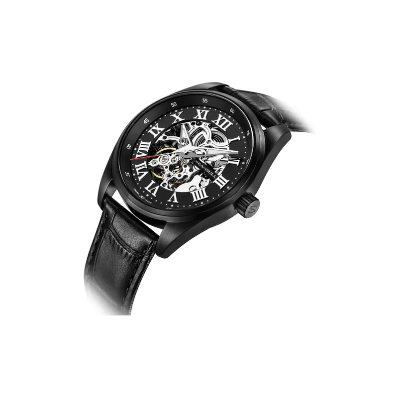 Sea Gull Frontier Automatic Mechanical Movement Genuine Leather Strap Watch Unisex Black Dial-4
