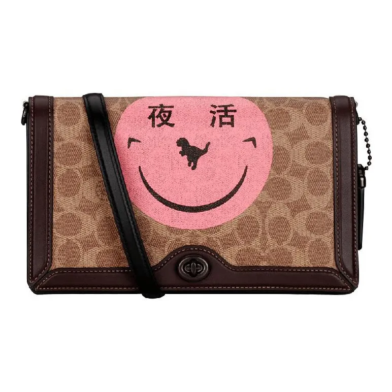 COACH Riley Canvas With Leather Envelope Bag Portable Crossbody Bag Shoulder Bag Women's Brown & Pink-0
