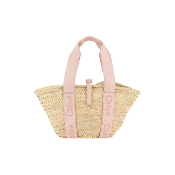 Chloe Raffia With Calfskin Basket Bag, One Shoulder Handbag Medium Size Women's Pink