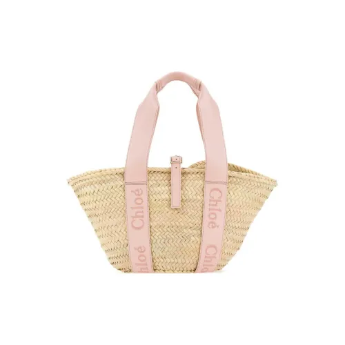 Chloe Raffia With Calfskin Basket Bag, One Shoulder Handbag Medium Size Women's Pink
