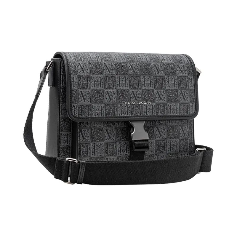 VANESSA HOGAN Monogram Synthetic Leather Messenger Bag Shoulder Bag Crossbody Bag Large Size Men's Black-1