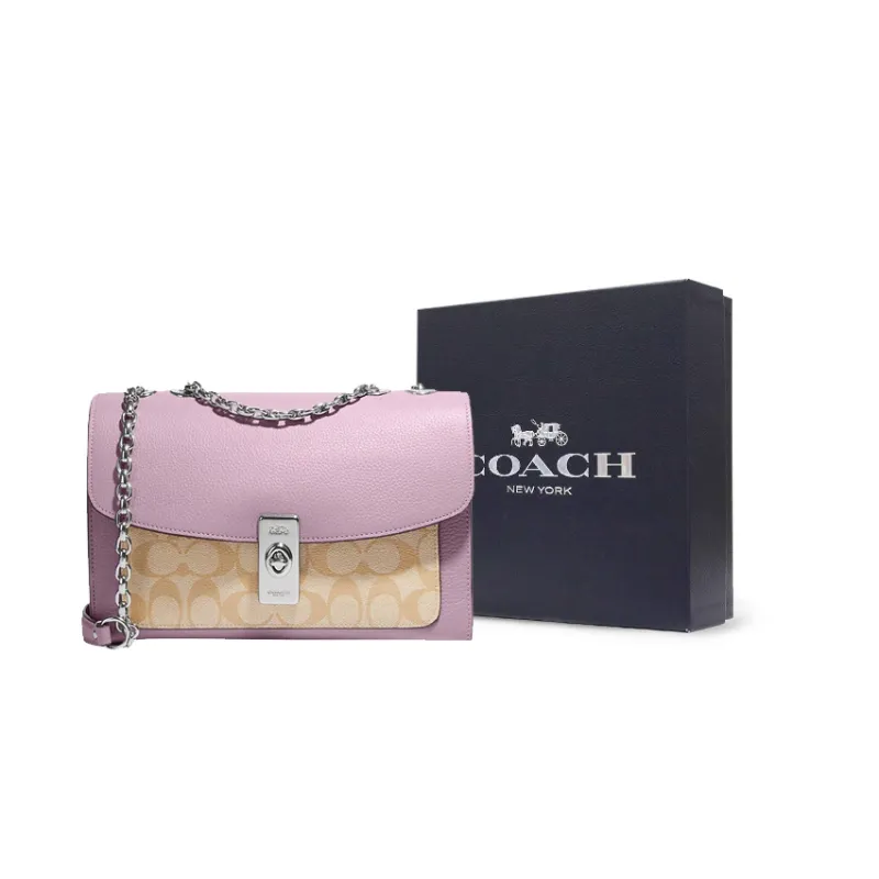 COACH Lane Coated Canvas With Pebbled Leather Portable Crossbody Bag Shoulder Bag Women's Khaki Monogram & Pink-5