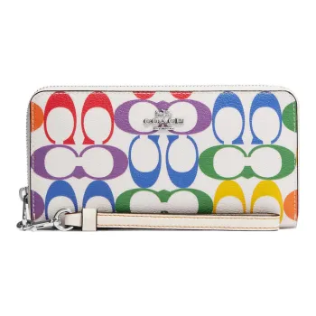 COACH Zip Around Coated Canvas With Smooth Leather Coin Pocket Clutch Wallet Small Size Women's Multicolor