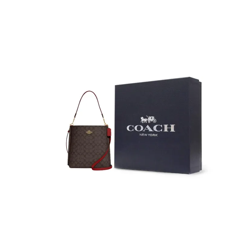 COACH Mollie Coated Canvas With Smooth Leather Bucket Bag Portable Crossbody Bag Shoulder Bag Large Size Women's Brown-6