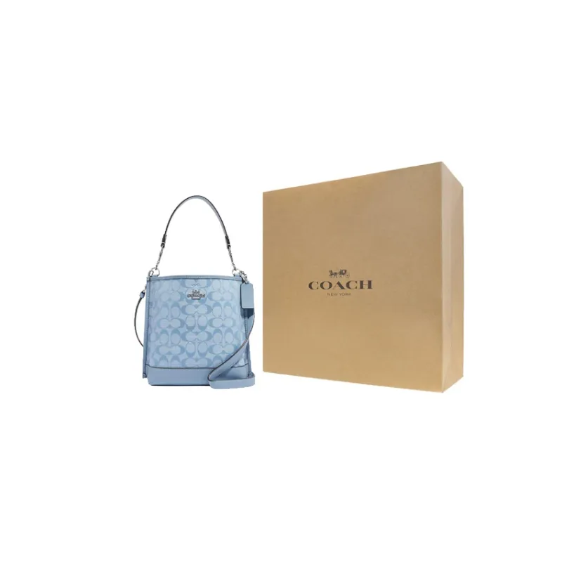 COACH Mollie Cow Leather With Textile Bucket Bag, Handbag, Shoulder Bag, Crossbody Bag Trumpets Women's Light Blue-7