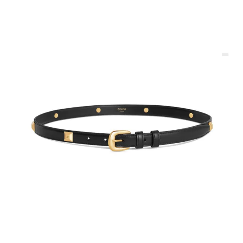 CELINE Engraved TRIOMPHE Word Pyramid-Shaped Decorative Stud Pin Buckle Leather Belts Women's Black-1