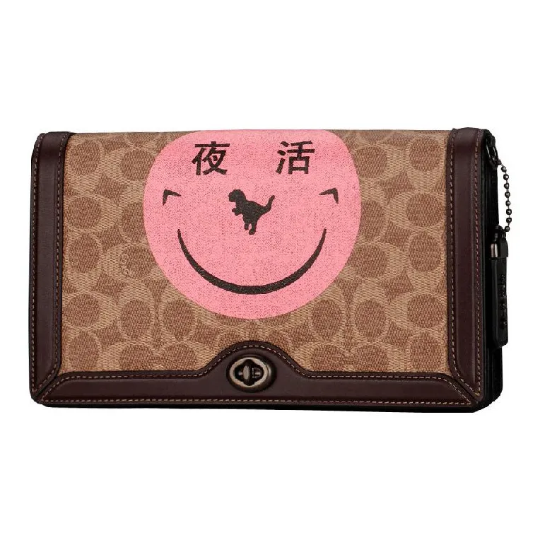 COACH Riley Canvas With Leather Envelope Bag Portable Crossbody Bag Shoulder Bag Women's Brown & Pink-1