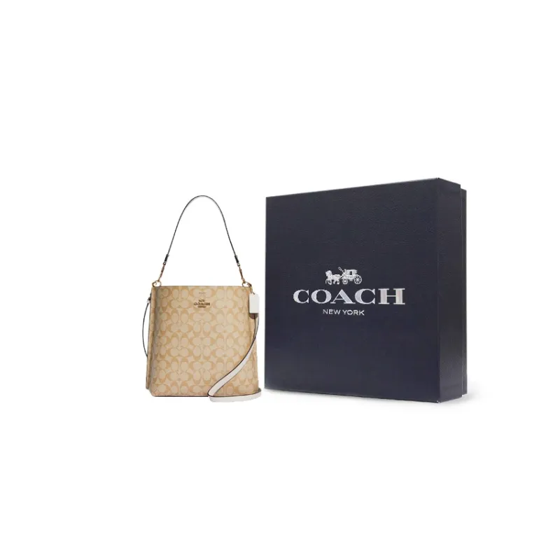 COACH Mollie Canvas With Leather Bucket Bag Portable Crossbody Bag Shoulder Bag Large Size Women's Light Brown-8