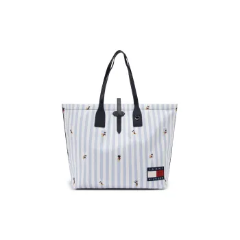 Tommy Hilfiger Disney Collaboration Fabric Tote One Shoulder Handbag Large Size Women's Light Blue White Stripes