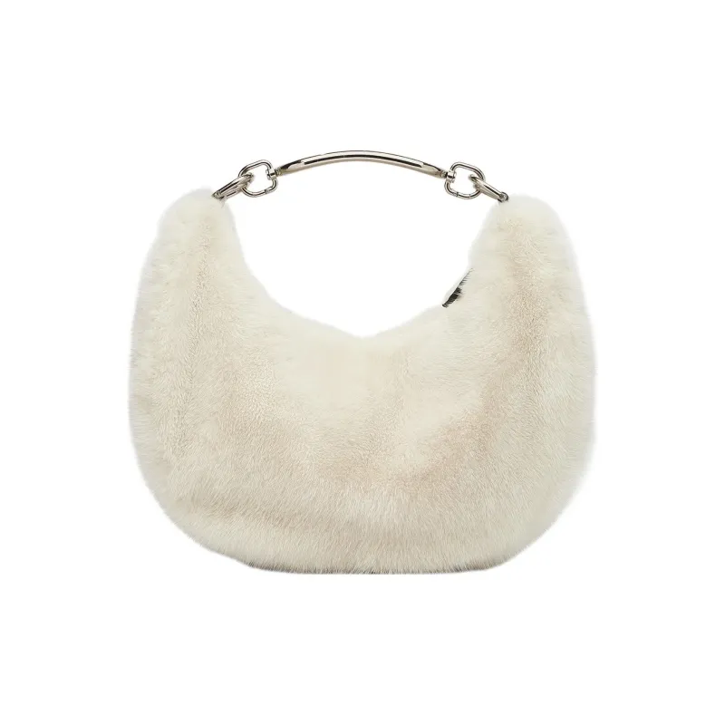 FENDI Fendigraphy Mink Fur Crescent Bag, Shoulder Bag, Handbag Trumpets Women's Beige-4