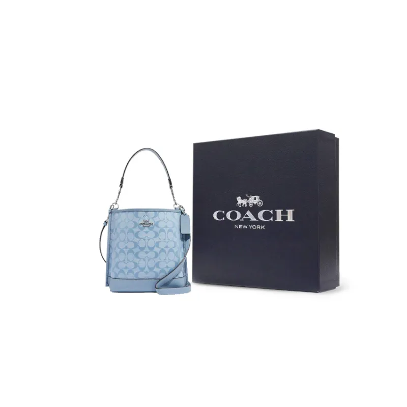 COACH Mollie Cow Leather With Textile Bucket Bag, Handbag, Shoulder Bag, Crossbody Bag Trumpets Women's Light Blue-5