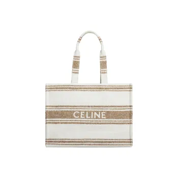 CELINE Cabas Fabric With Cow Leather Tote Bag, Shopping Bag, Handbag Tubas Women's White/Brown