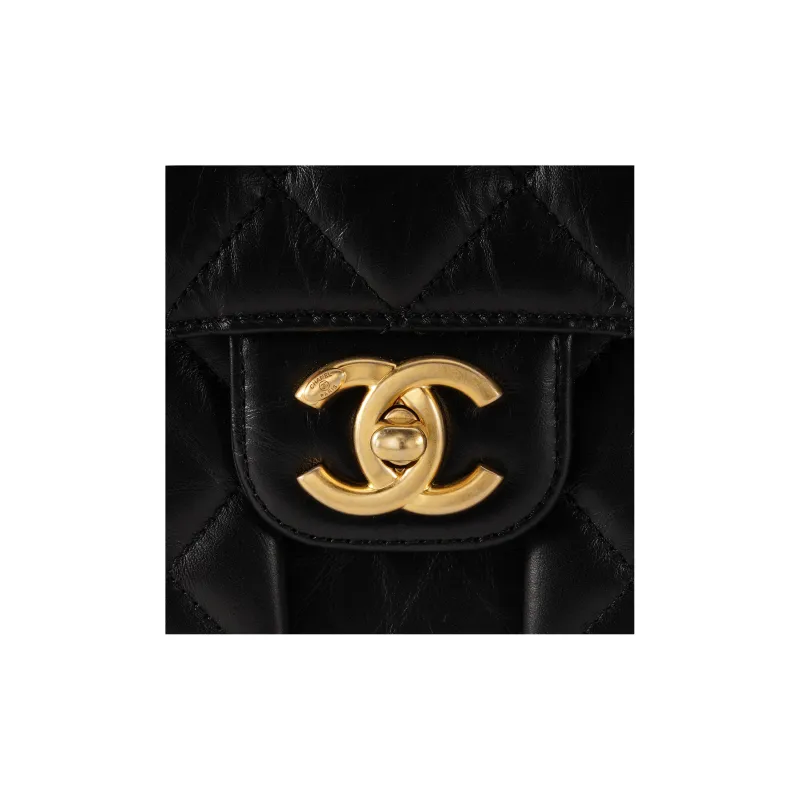 CHANEL Cow Leather Portable One Shoulder Crossbody Messenger Bag Tubas Women's Black-4
