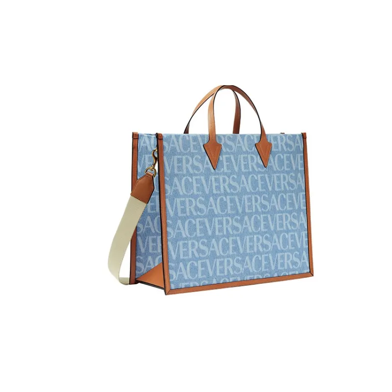 VERSACE Cotton With Cow Leather Tote Bag, Shopping Bag, Shoulder Bag, Crossbody Bag, Handbag Men's Light Blue-1